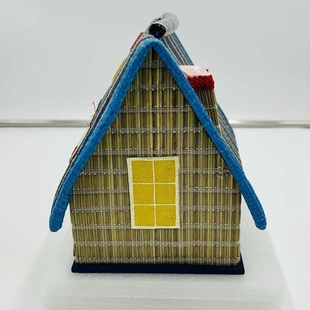 Vintage House Shaped Sewing Case Kit Box Bamboo Woven Japan Satin Lined